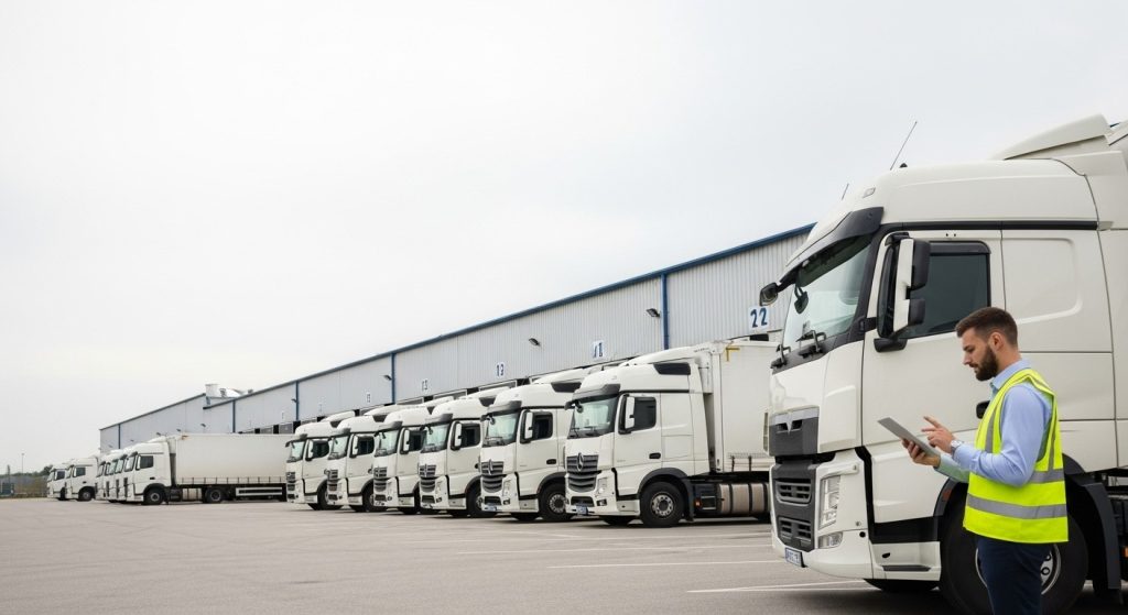 Fleet of semi-trucks at a logistics facility with a manager inspecting a vehicle, highlighting asset ownership and operational control in trucking.