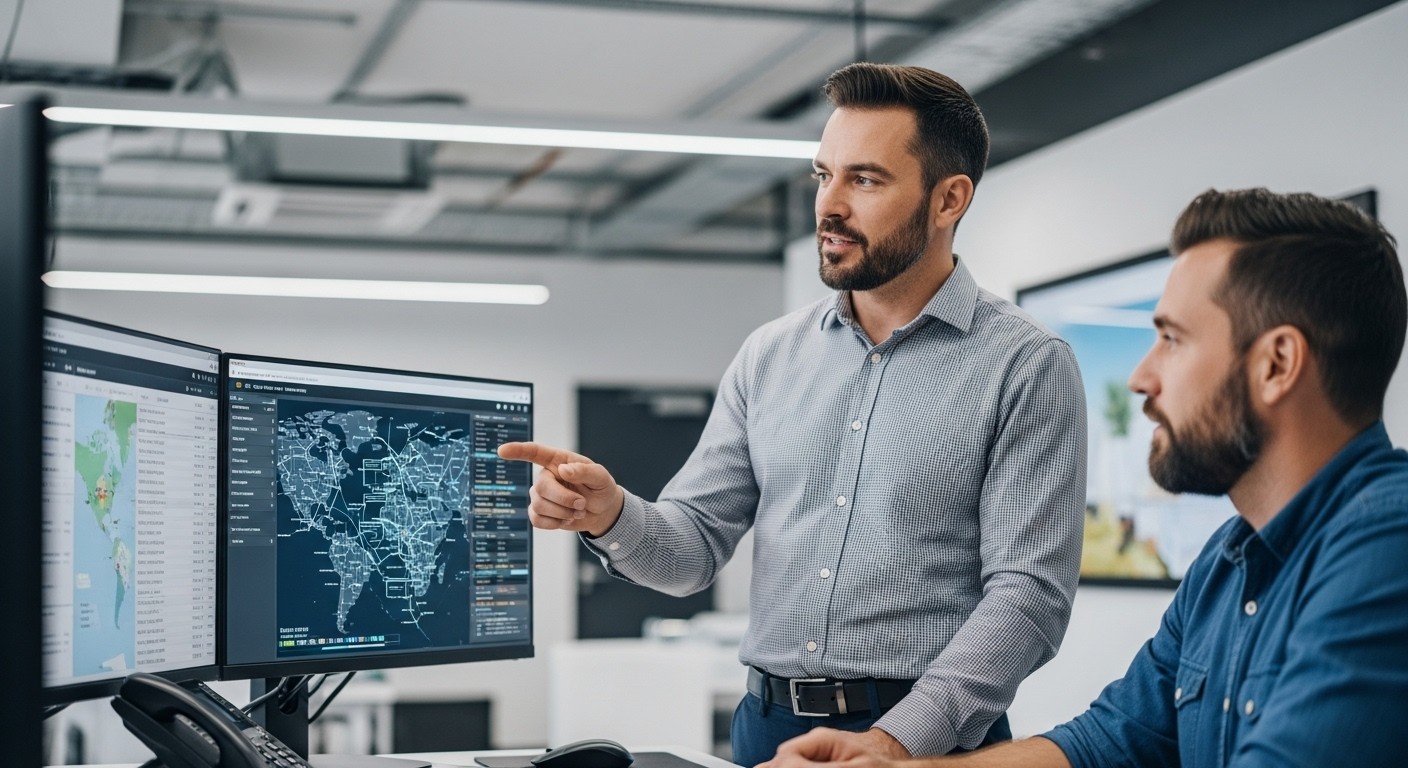 A logistics expert consulting with a trucking company representative in a modern office, analyzing digital maps and freight planning data to guide strategic OTR trucking decisions.









