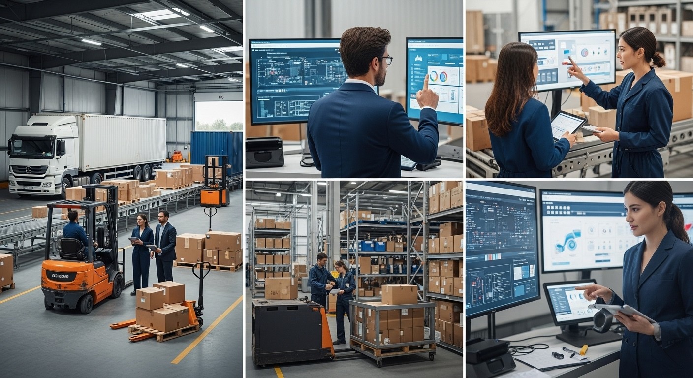 Logistics team assessing operational capabilities inside a distribution center, using technology to evaluate shipping needs and workforce readiness.









