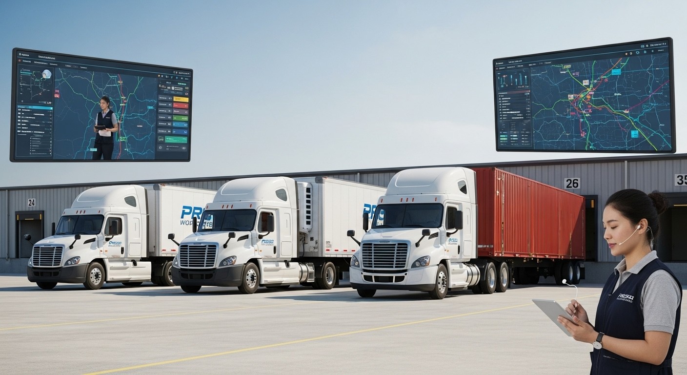 A dry van, reefer, and flatbed truck lined up at a freight hub with a logistics coordinator monitoring digital tracking systems, highlighting Precision Worldwide Logistics, Inc’s diverse fleet and tech-enabled delivery process.