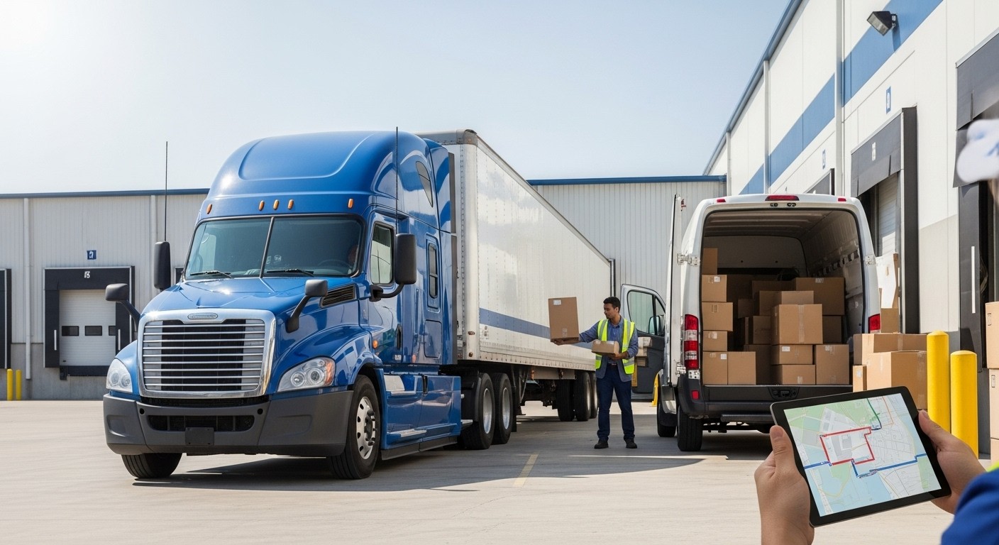 A semi-truck and delivery van at a logistics facility, with a driver using a tablet to manage last-mile delivery routes for a professional asset-based logistics operation.