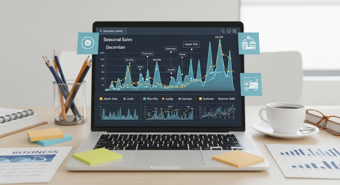 A digital dashboard displaying seasonal sales trends with calendar-based peaks and business planning materials around.