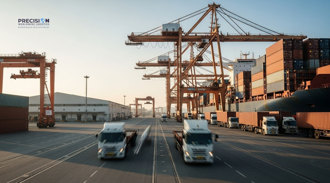 Cargo containers being unloaded from a ship near a warehouse close to the port, supporting fast distribution.

