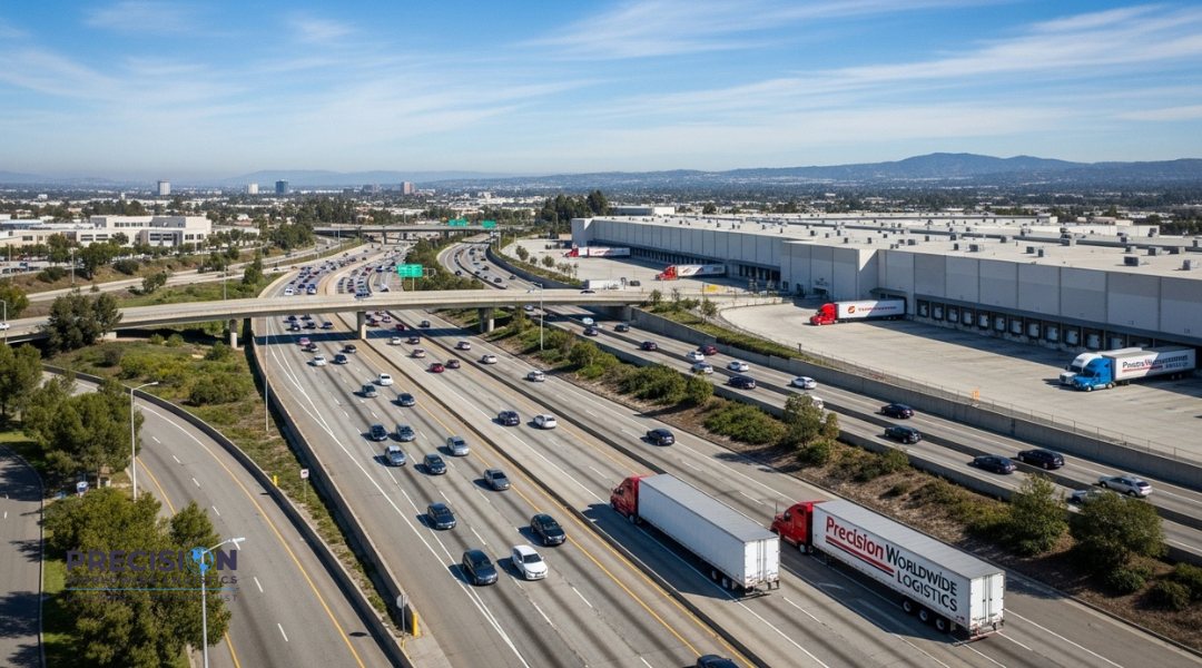 Aerial view of a logistics warehouse near major California highways, showing trucks and smooth urban traffic flow.

