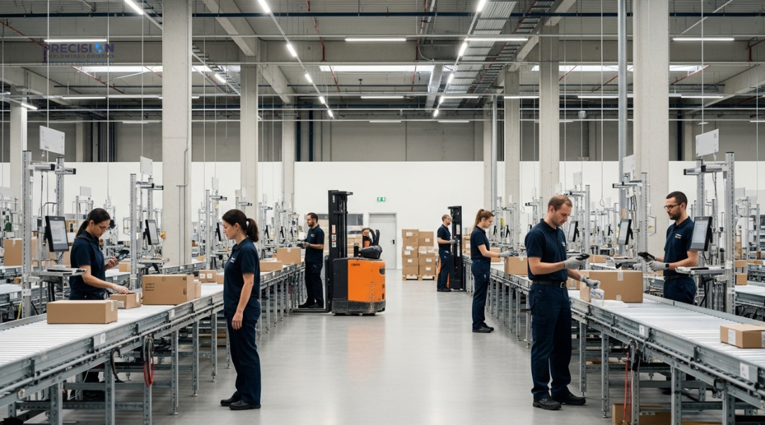 Warehouse team handling urgent, time-sensitive shipments with a truck ready for fast dispatch under a Just-In-Time model.

