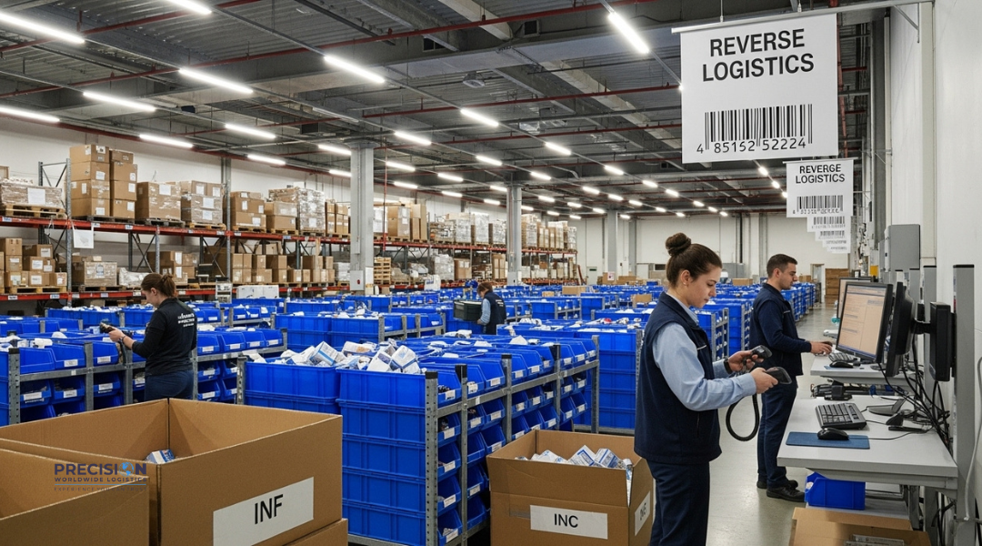 Warehouse team sorting returned products for repair, recycling, and restocking as part of reverse logistics process.