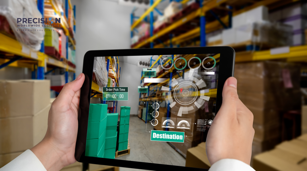 Warehouse worker using digital dashboard and tablet to track inventory and operations in real time with a warehouse management system
