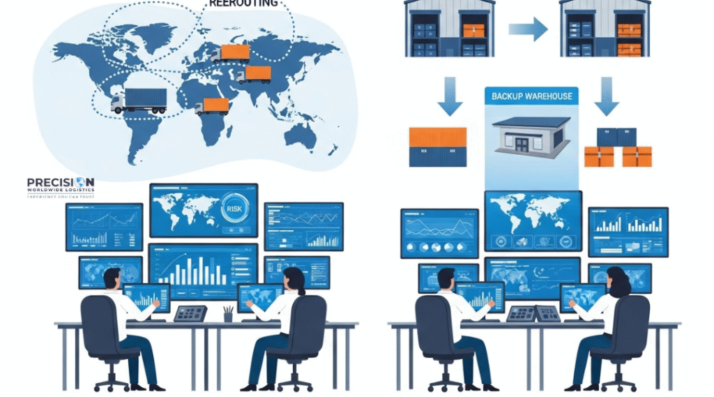 3PL risk mitigation strategies with rerouted shipments, backup warehouses, and business continuity planning.