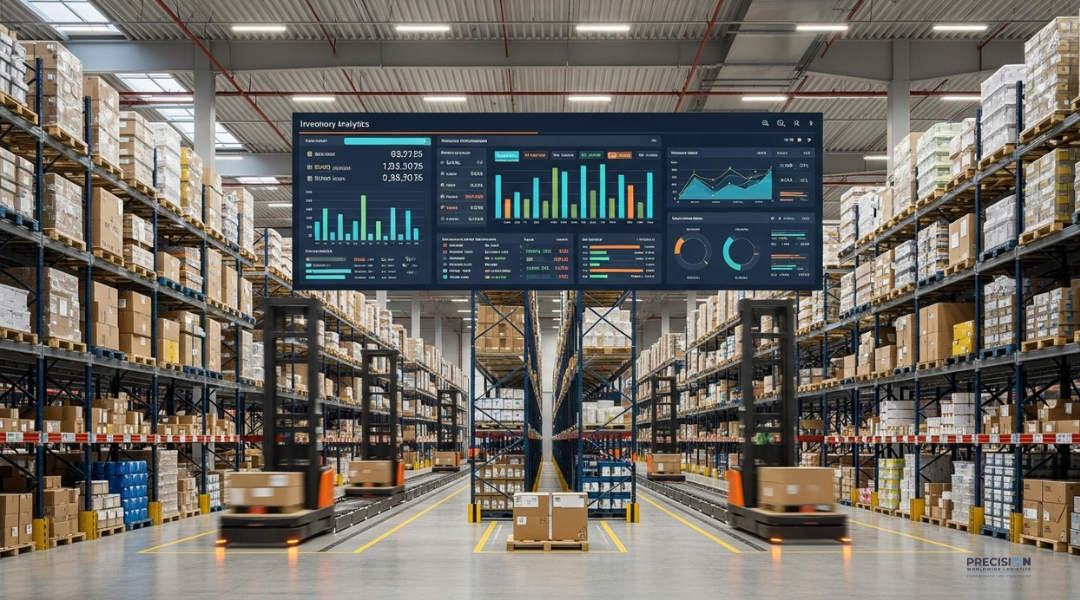 Data-driven transloading and warehousing with IoT tracking, inventory analytics, and optimized storage systems.