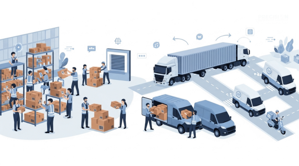 Integrated fulfillment and last-mile delivery with pick-and-pack, labeling, and shipments to stores and homes.