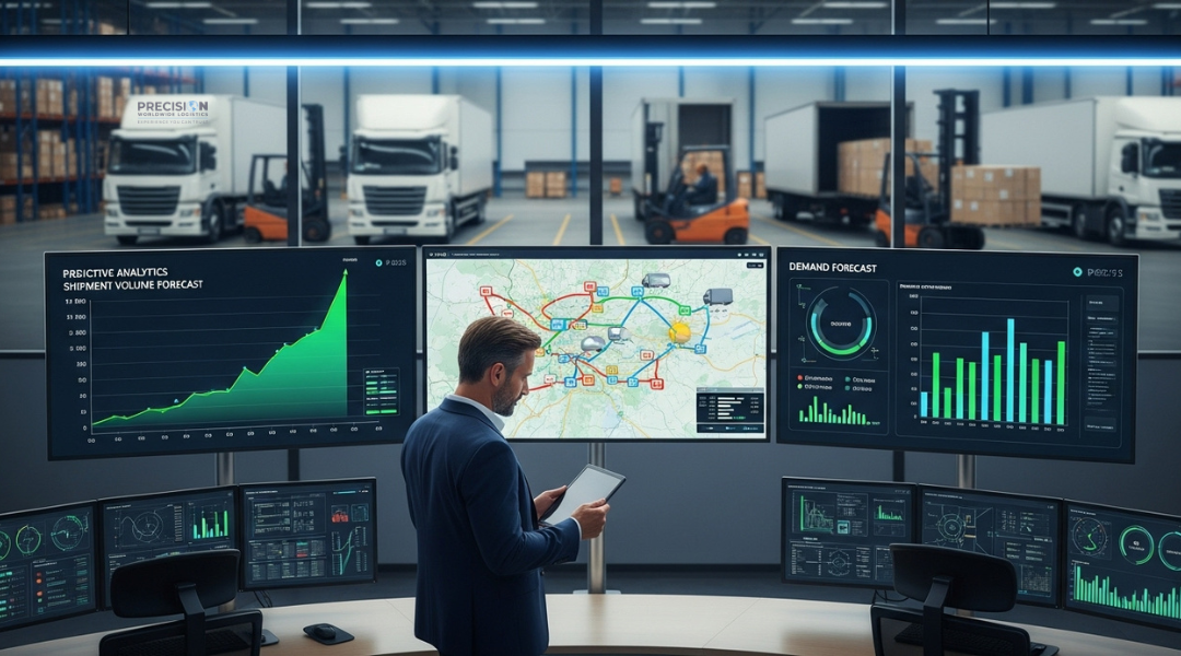 Predictive analytics in logistics with real-time dashboards, route optimization, and demand forecasting.
