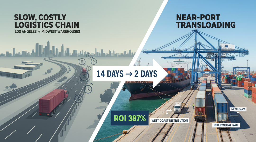 Comparison of traditional warehousing versus near-port transloading for an apparel retailer showing 387% ROI and faster delivery.