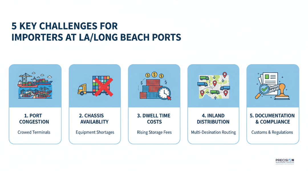Infographic illustrating common importer challenges at Los Angeles and Long Beach ports