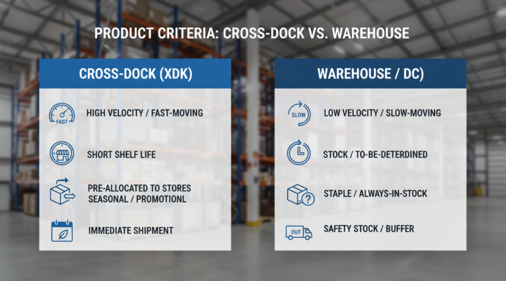 Comparison chart showing which retail products suit cross-docking versus traditional warehousing, based on velocity, shelf life, and allocation type.
