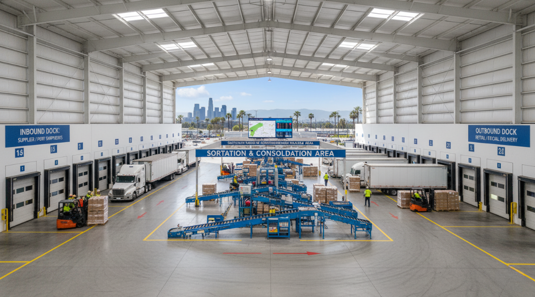 Cross-docking process flow from inbound to outbound trucks at a Southern California logistics warehouse