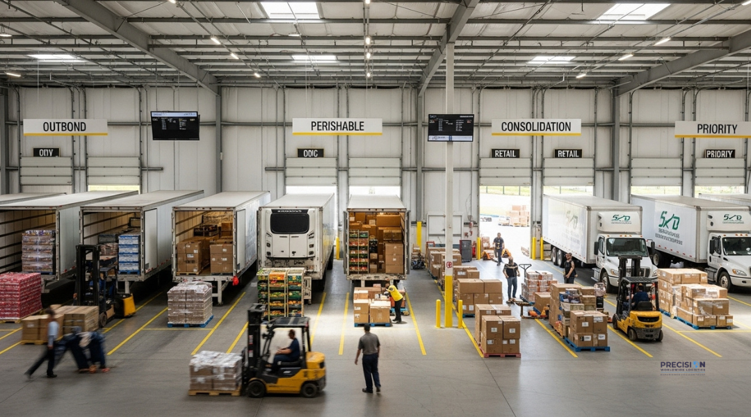 Cross-docking use cases in Southern California logistics hub showing retail, perishable, and consolidated shipments moving through a modern facility