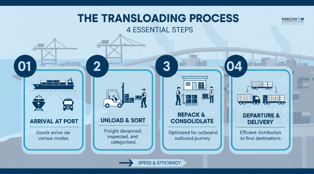 Step-by-step infographic illustrating how the transloading process works — from port arrival and unloading to repacking and outbound truck delivery near the Port of Los Angeles.