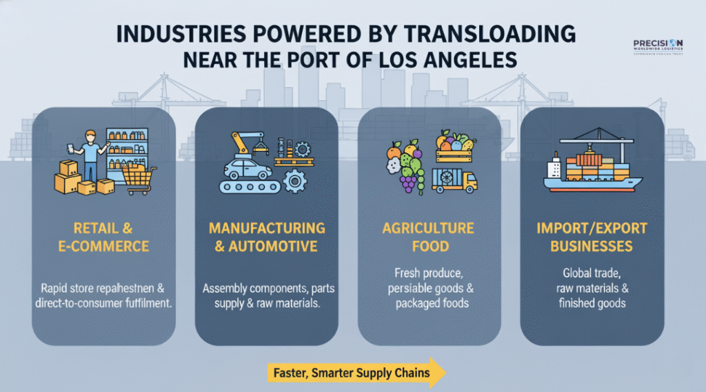 Infographic illustrating key industries that benefit from transloading — retail, automotive, agriculture, and import/export — with visuals of ships, trucks, and warehouses near the Port of Los Angeles.