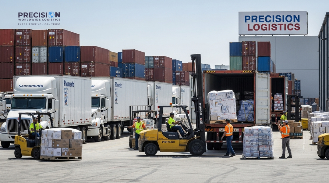 Transloading facility at Port of Long Beach sorting container freight into regional truck shipments for Sacramento, Phoenix, and Denver.