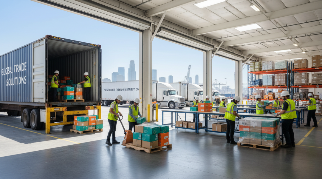 Workers transloading apparel shipments near Los Angeles port for rapid retail distribution.