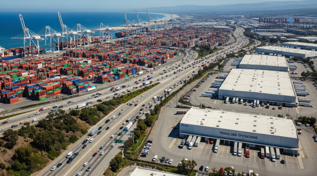 Aerial view of Los Angeles and Long Beach port area showing transloading facilities and trucks connecting SoCal ports to inland distribution hubs.