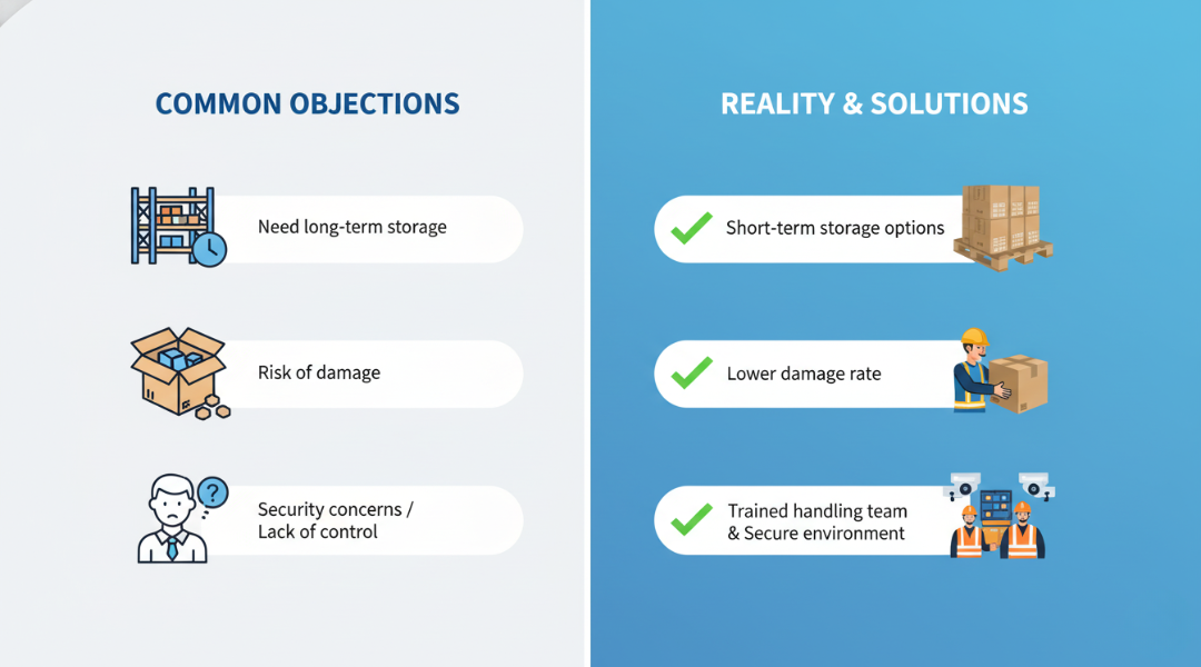 Infographic comparing common transloading objections with real solutions showing short-term storage and lower damage rates.