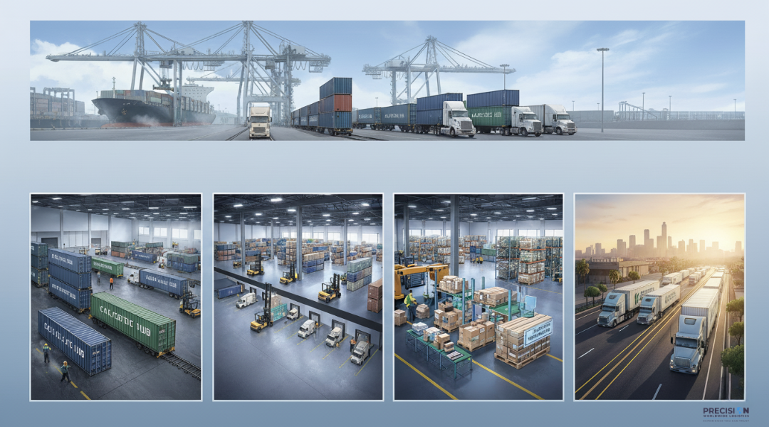 Step-by-step view of the transloading process near the Port of Los Angeles, including unloading, sorting, repacking, and outbound trucking.