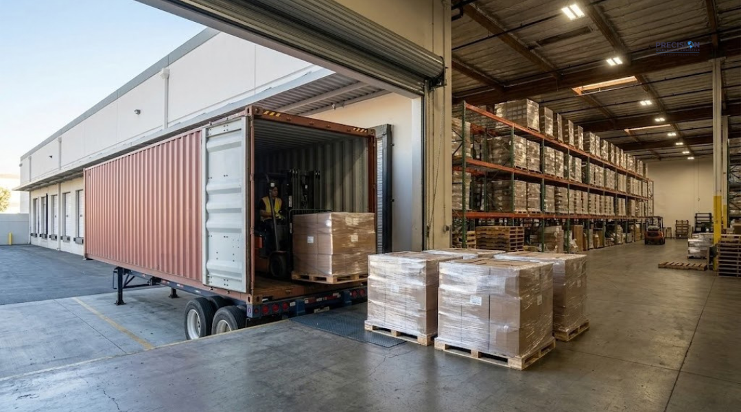 Container unloading at Precision Worldwide warehouse facility