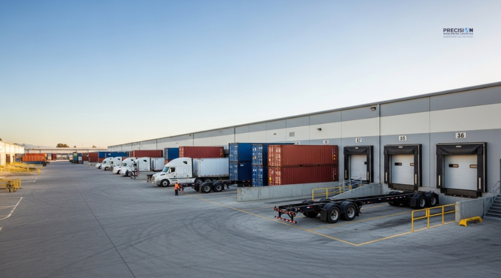 Busy La Mirada warehouse yard showing limited dock doors and trucks waiting, illustrating capacity limits in drayage operations.
