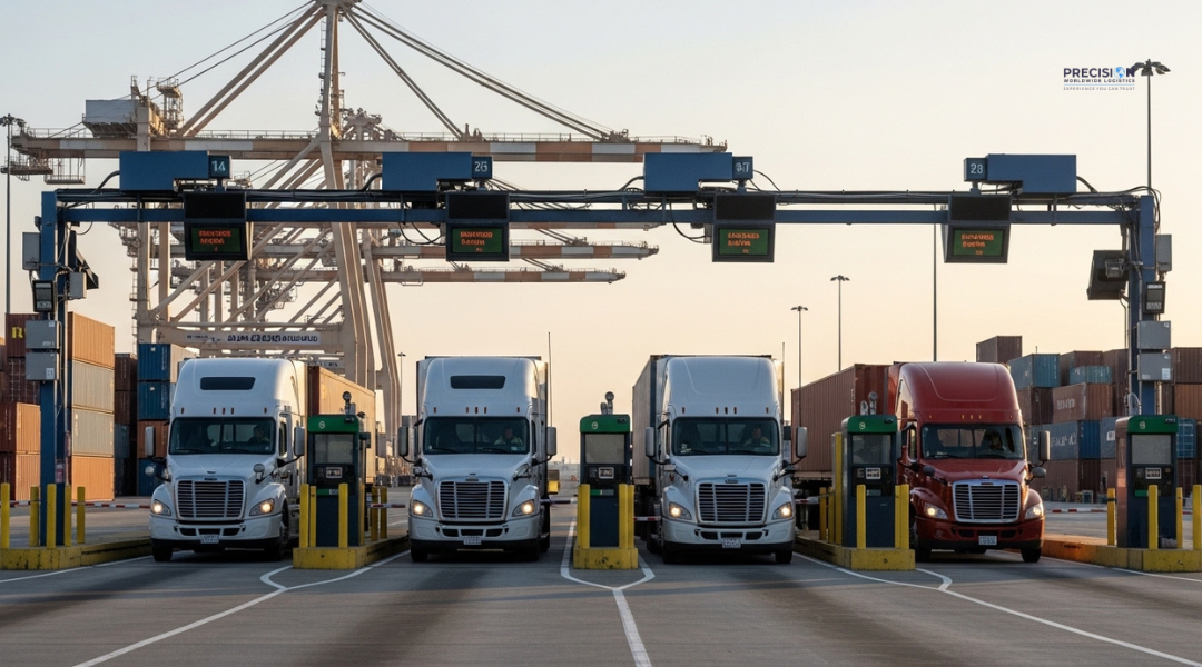 Container terminal gate at Port of Los Angeles with trucks waiting for scheduled drayage appointment entry