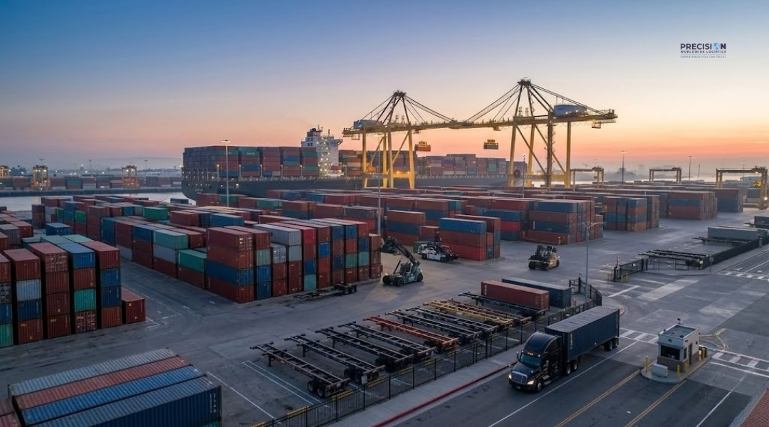 Shipping containers being unloaded at Southern California port before same-day port drayage gate-out.