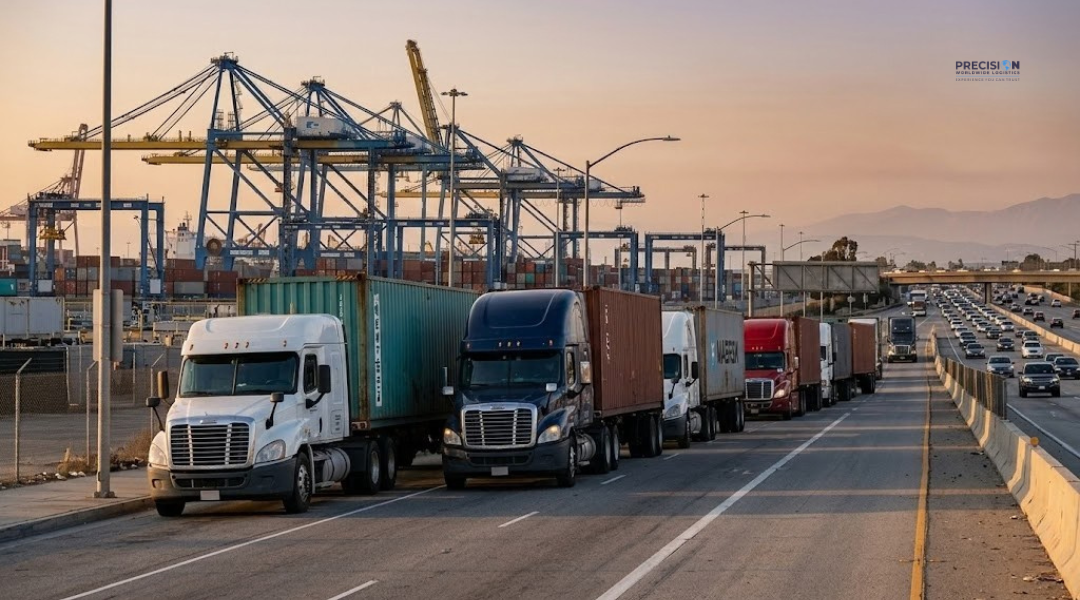 Container trucks leaving Los Angeles port during peak congestion affecting same-day port drayage to La Mirada.