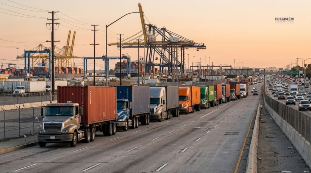 Container trucks leaving Los Angeles port during peak congestion affecting same-day port drayage to La Mirada.