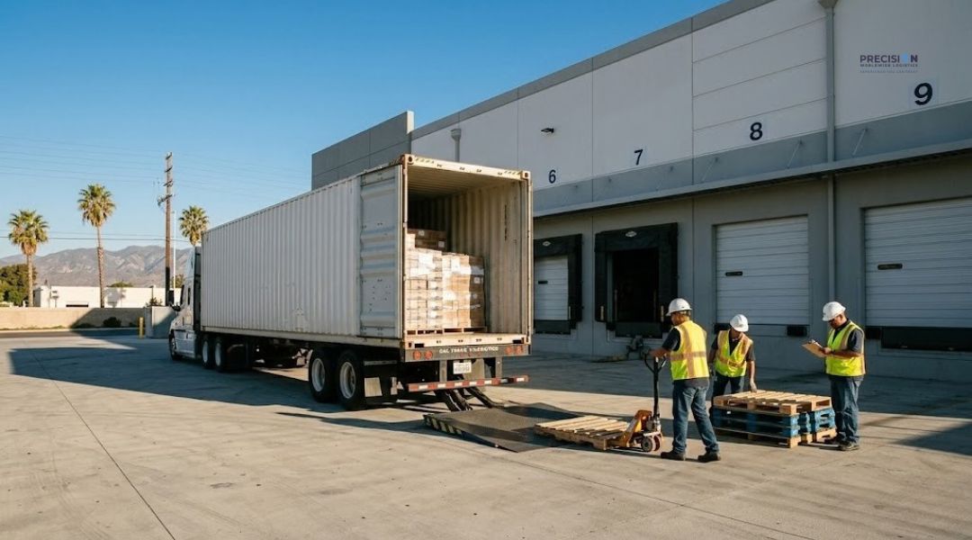 Container truck at warehouse dock during same-day port drayage delivery window in Southern California.