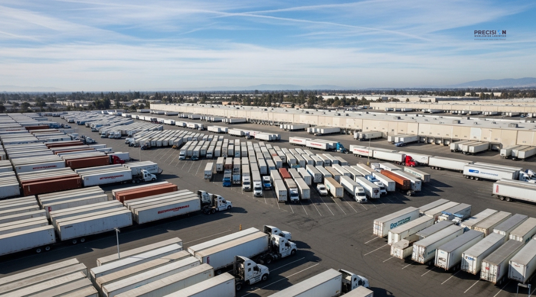 Container trucks staged at Inland Empire distribution center linked to Southern California port drayage.