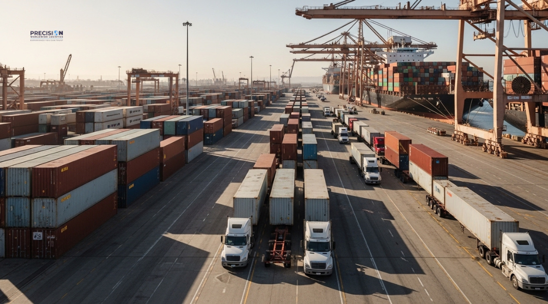 Asset-based trucking fleet handling high-volume port freight in California with containers and cranes at Los Angeles port