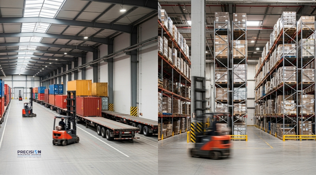 Cross-dock and storage warehouse layout near Port of Long Beach showing fast transfer and racked inventory zones