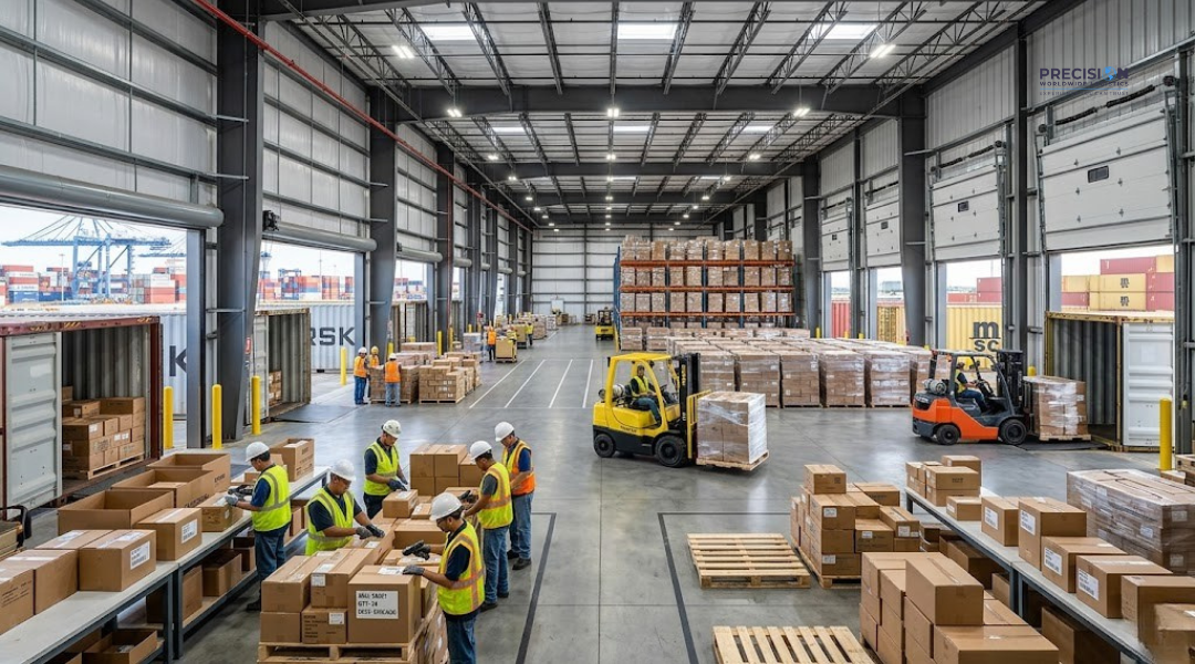 Warehouse workers palletizing mixed SKU cargo near Port of Long Beach for efficient transloading and distribution