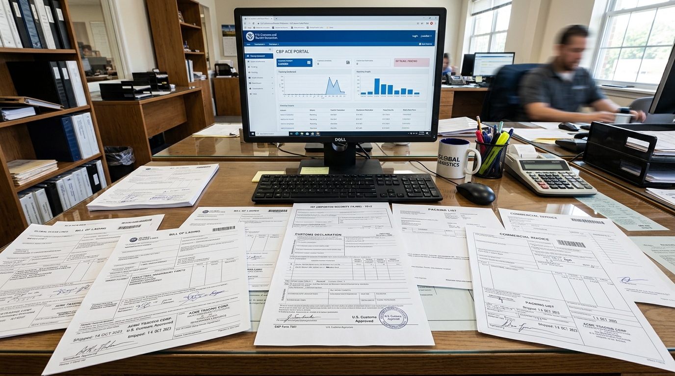 Customs paperwork including bills of lading and CBP declaration forms on desk