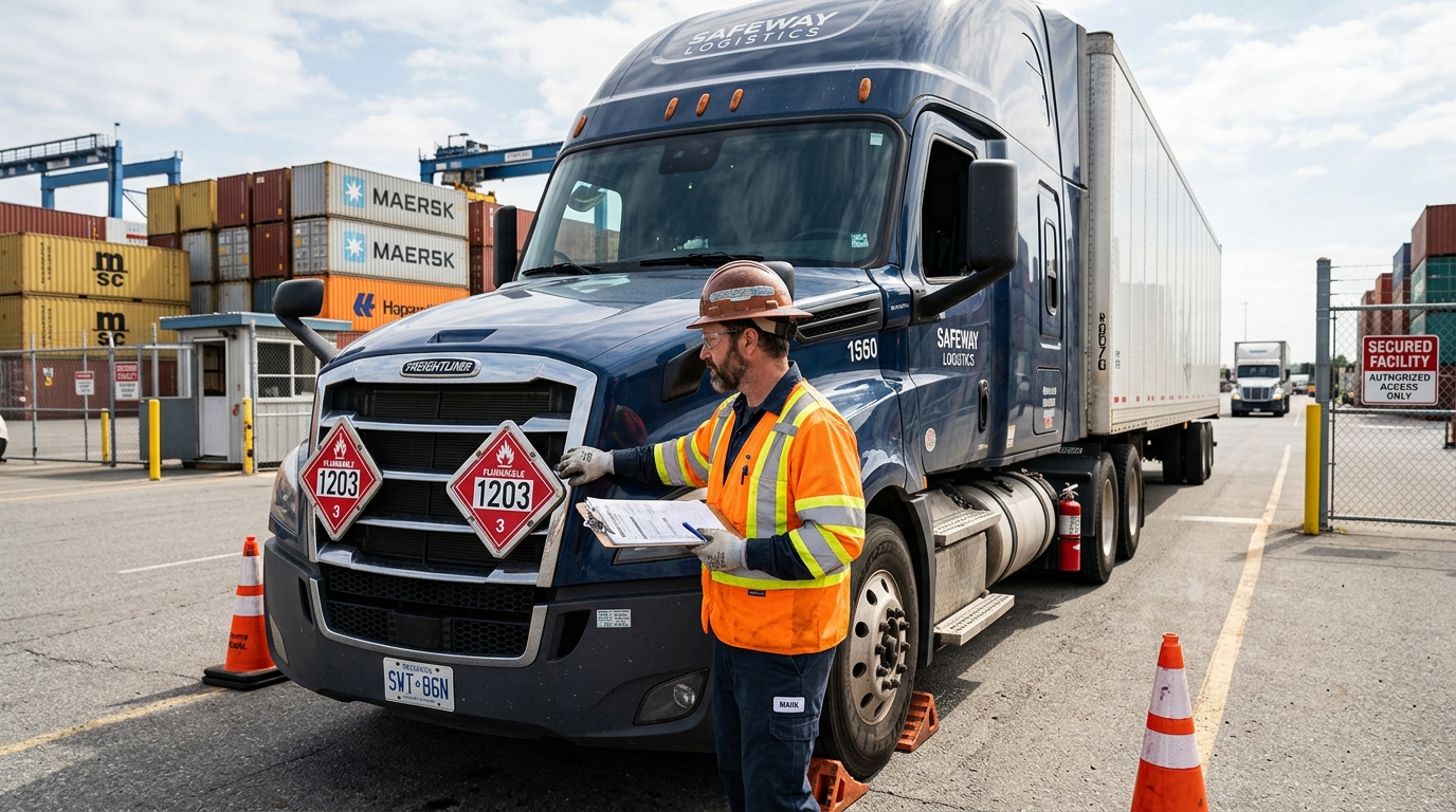 Driver performing pre-trip inspection on hazmat placard truck at container yard