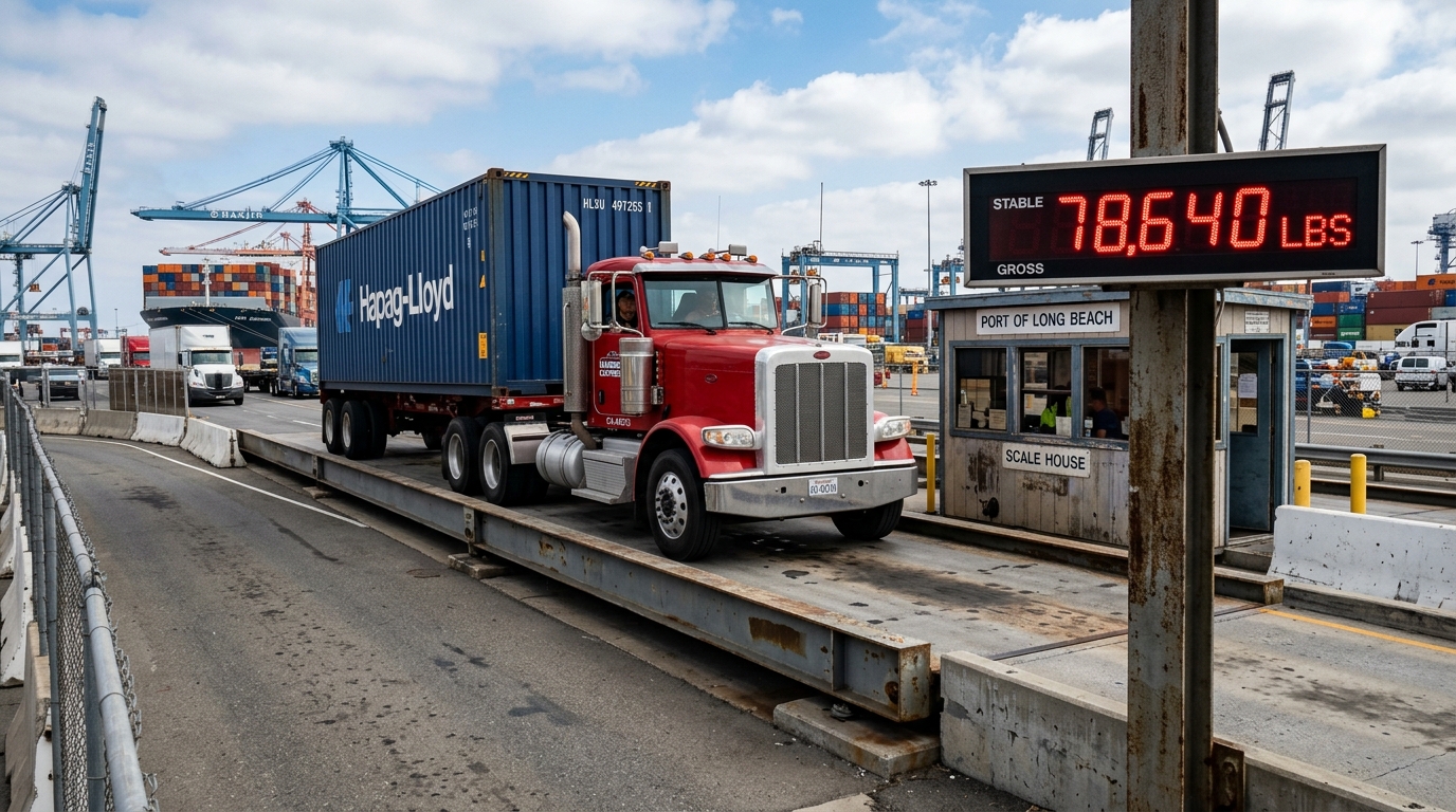 Heavy container truck being weighed at weigh station near Port of Long Beach