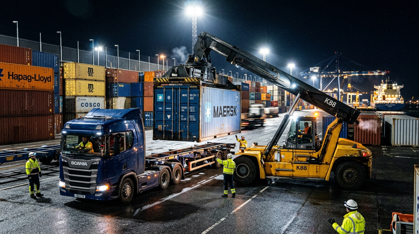 Container truck being loaded at night under floodlights at container yard