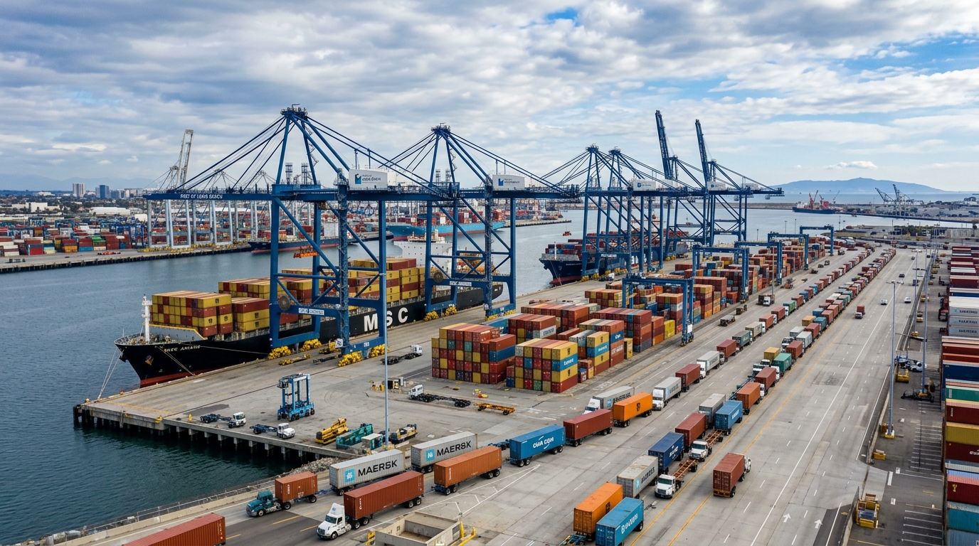 Multiple gantry cranes at busy container terminal pier at Port of Long Beach