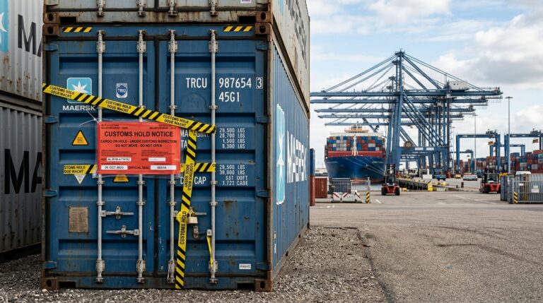 Shipping container under customs hold at Port of Long Beach terminal