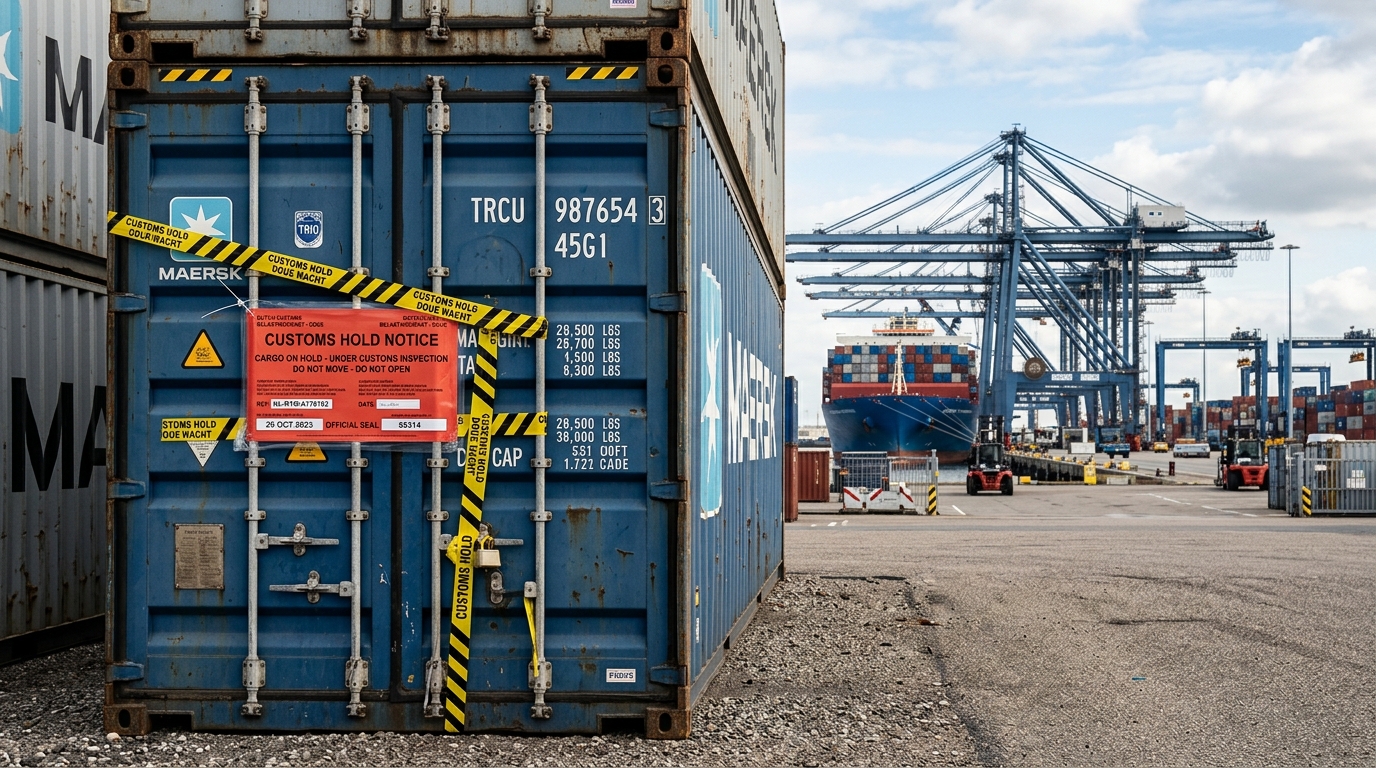 Shipping container under customs hold at Port of Long Beach terminal