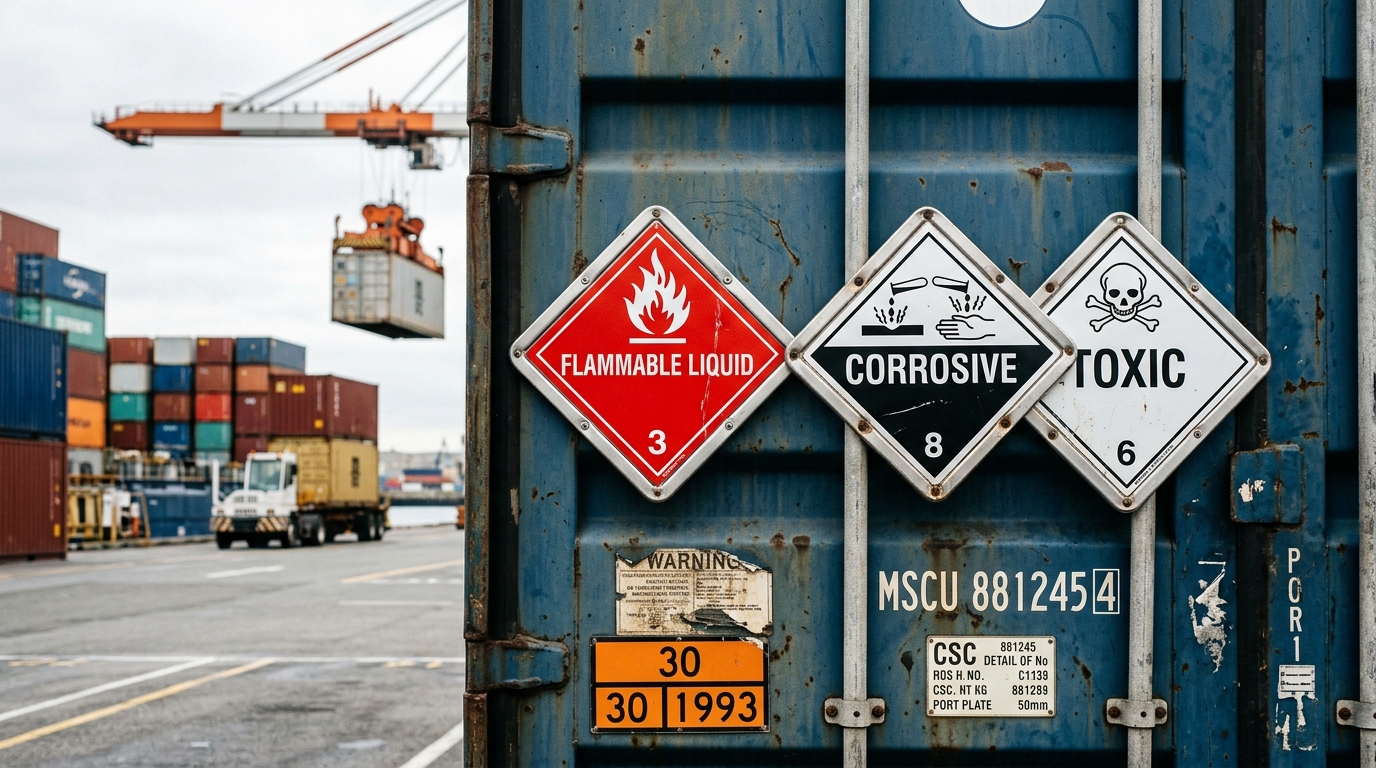 DOT hazmat class placards and warning labels on intermodal container