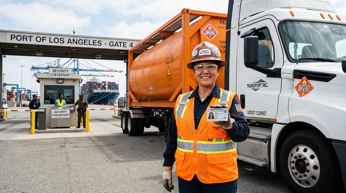 TWIC-cleared driver with hazmat credentials at port terminal security gate