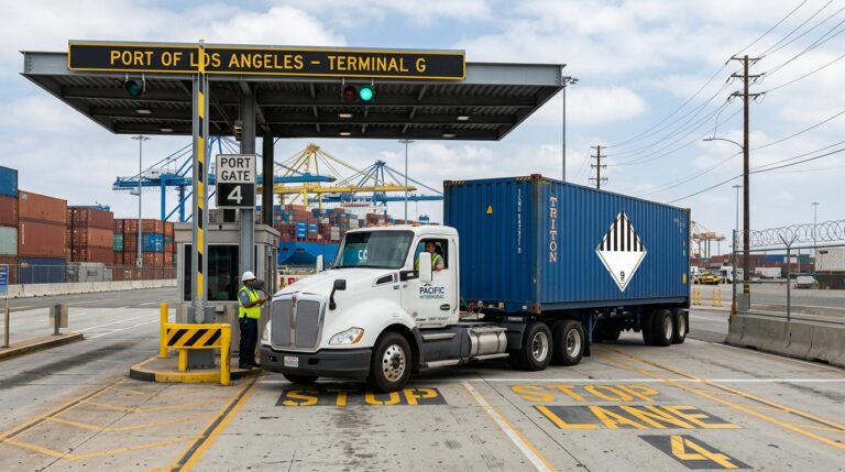 Hazmat placard drayage truck at Port of Long Beach — Precision Worldwide Logistics