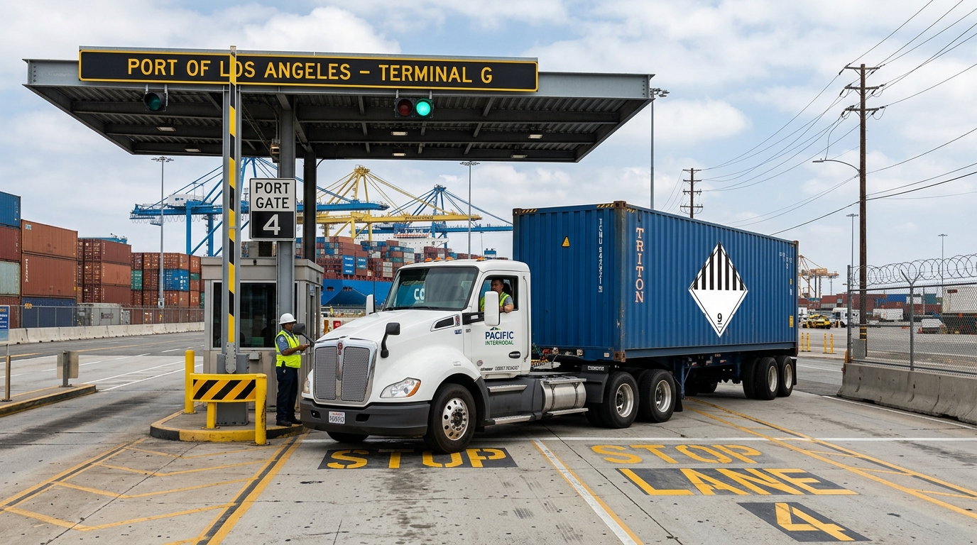 Hazmat placard drayage truck at Port of Long Beach — Precision Worldwide Logistics