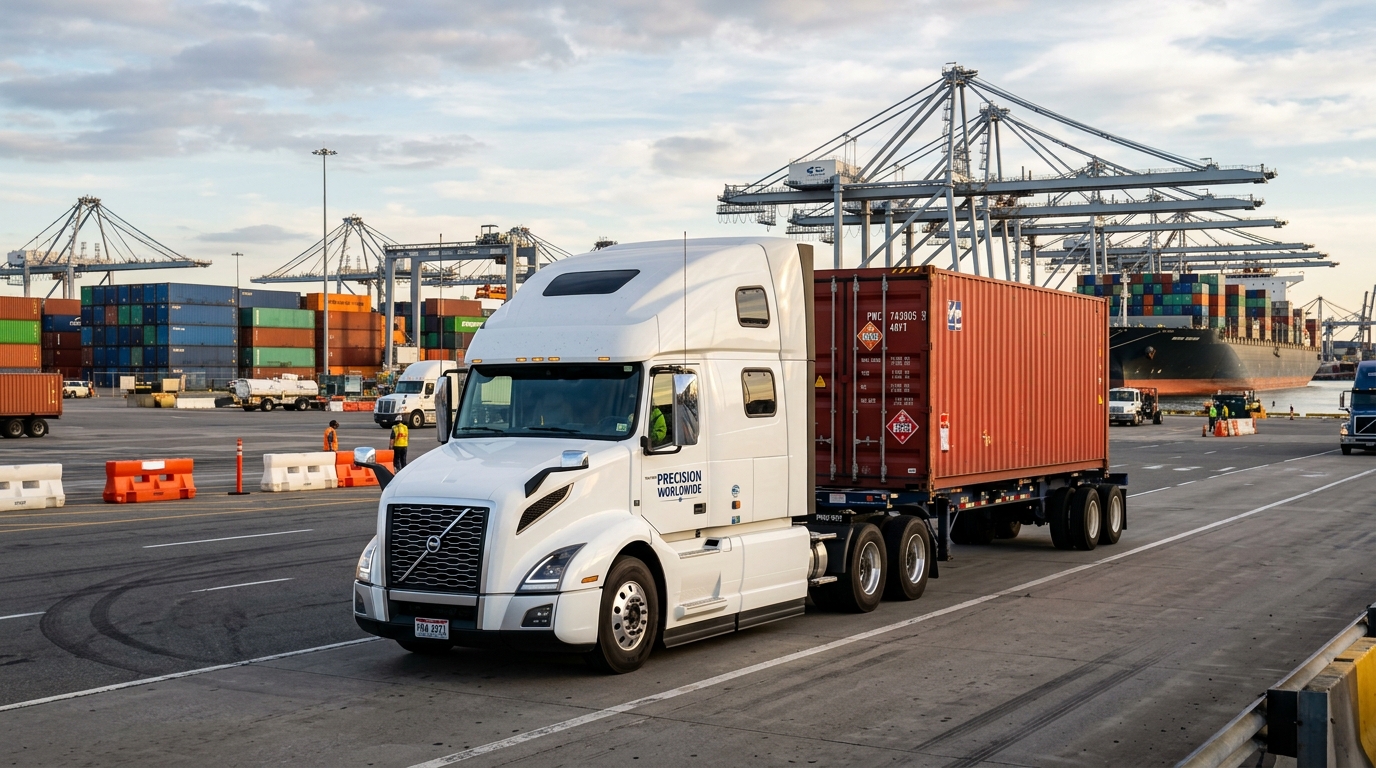 Hazmat placard truck transporting container at Port of Long Beach